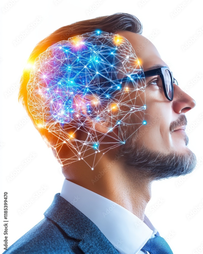 Poster side view of a man with a glowing neural brain network, showcasing artificial intelligence and futur