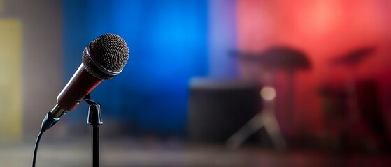 A close-up of a microphone on stage, ready for a performance in vibrant lighting.
