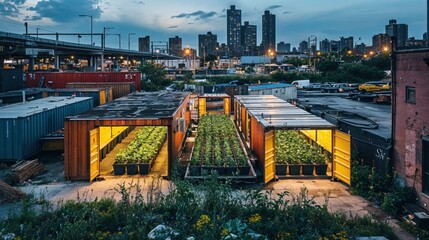 Vibrant green plants flourish in illuminated shipping containers, surrounded by a bustling city skyline under a twilight sky filled with clouds.