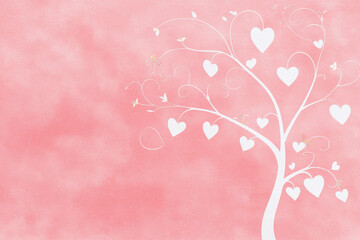 Fototapeta premium Valentine Themed of Soft coral pink background with hand painted white heart tree design