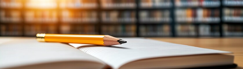A close-up of an open notebook with a yellow pencil resting on its pages, surrounded by a library backdrop.