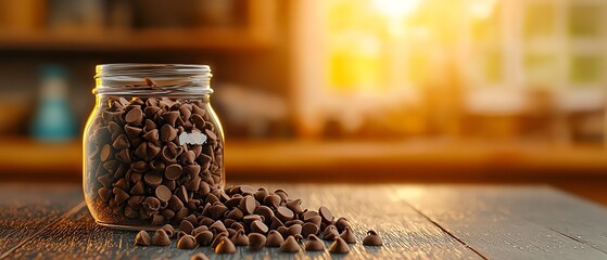 A beautiful jar filled with chocolate chips, sunlight streaming in, creating a warm and inviting kitchen atmosphere.