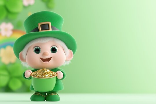 Cheerful leprechaun holding gold pot with rainbow and shamrocks on st. patrick's day