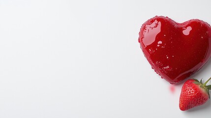 Heart-shaped strawberry jelly dessert with fresh strawberry on white background