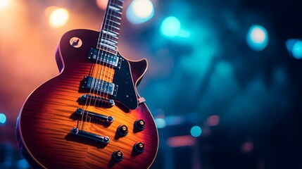 Fototapeta premium Electric Guitar On Stage Under Bright Lights
