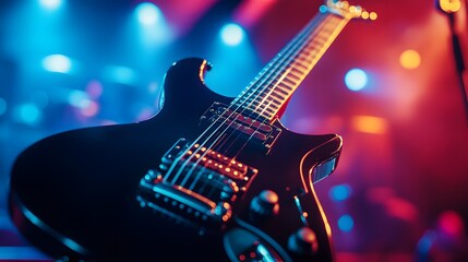 Electric Guitar On Stage Under Colorful Lights