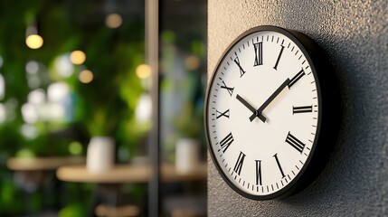 A close-up of a wall clock in a modern environment, showcasing time and tranquility in a stylish setting.