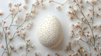 Fototapeta premium Elegant Minimalist Egg Surrounded by Delicate Flowers for Celebrations such as Easter and Chinese New Year, Perfect for Seasonal Decor and Invitations