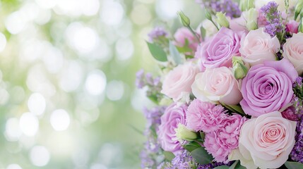 Obraz premium Elegant bouquet of pink and purple roses with green bokeh background
