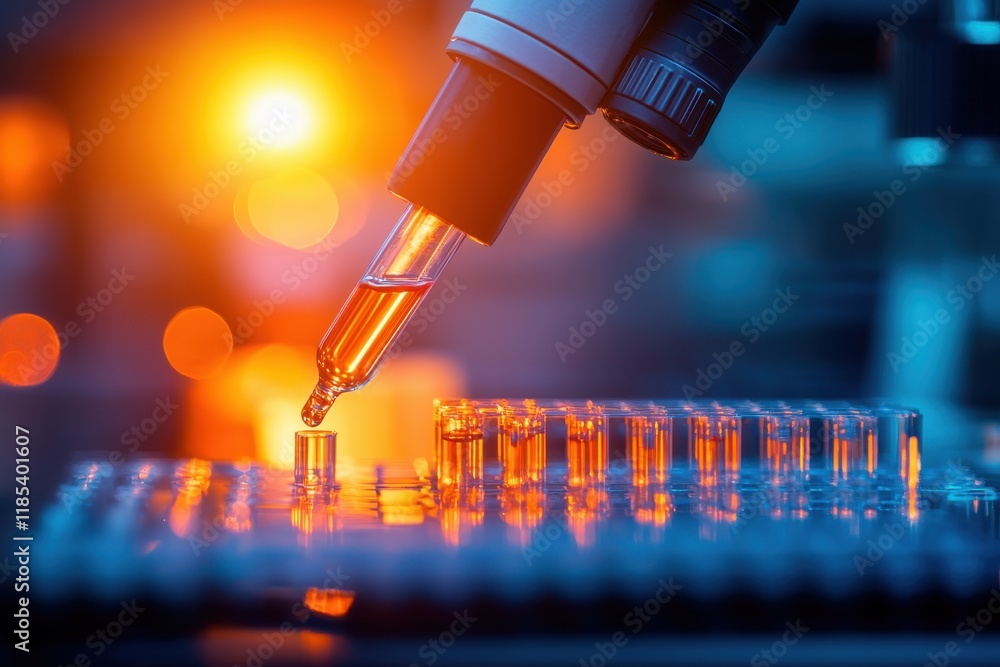 Poster modern laboratory setting close-up concept. close-up of a pipette dispensing liquid into test tubes 
