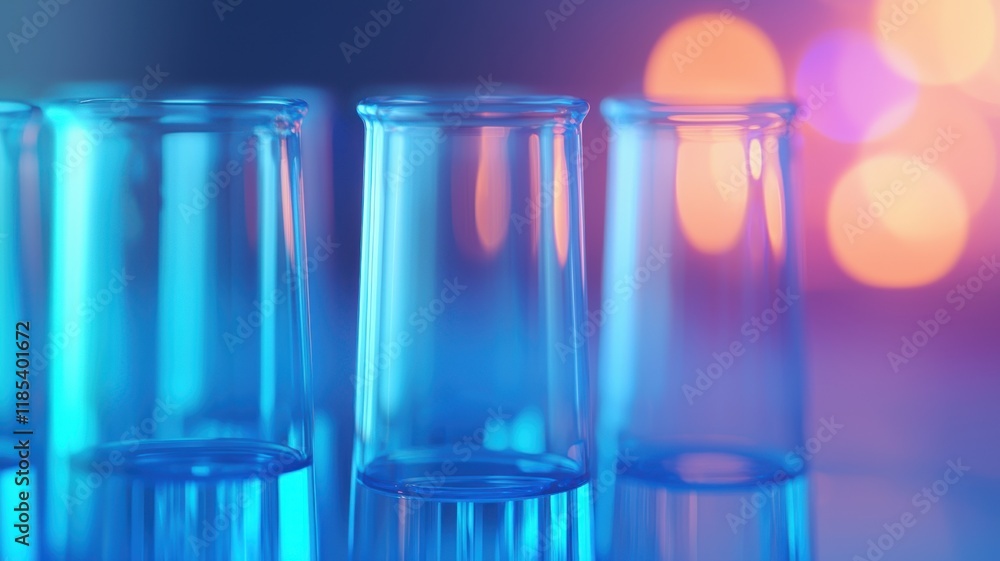 Poster modern laboratory setting close-up concept. glass test tubes illuminated by colorful lights create a