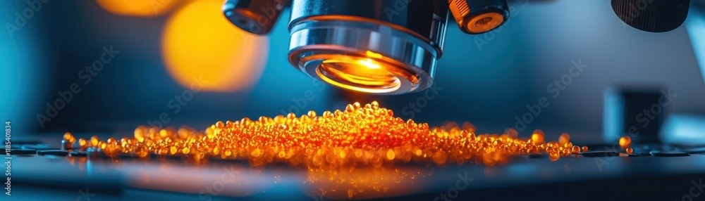Poster modern laboratory setting close-up concept. close-up of a microscope revealing shimmering particles 