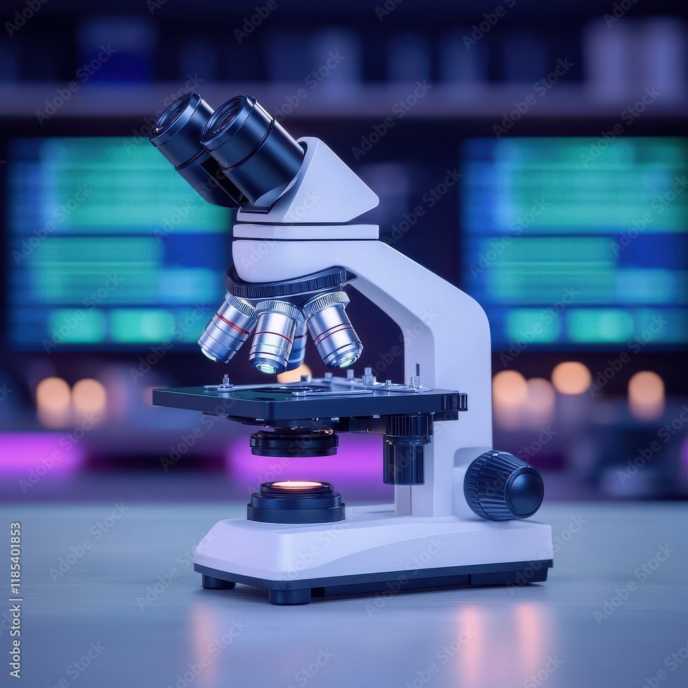 Poster modern laboratory setting close-up concept. microscope with multiple objectives on a desk, illuminat