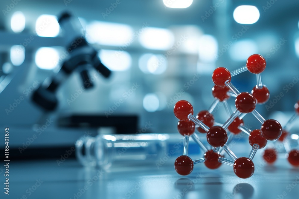 Poster modern laboratory setting close-up concept. laboratory scene featuring a molecular model with test t