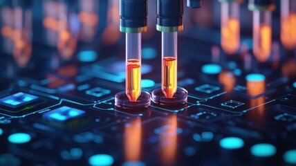 modern laboratory setting close-up concept. Close-up of technology with glowing tubes and a circuit board background.