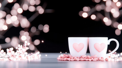 Valentine Themed of Two coffee mugs with heart shaped handles surrounded by pink decorations