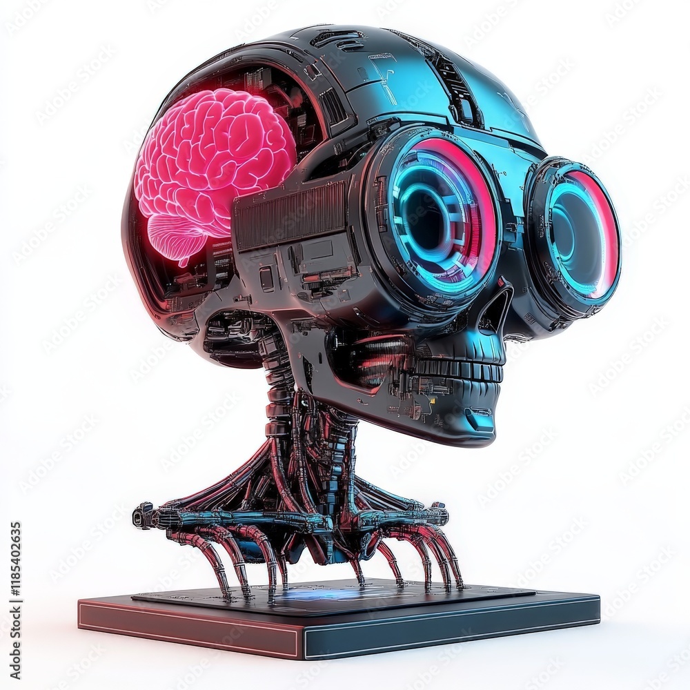Poster futuristic robotic skull with glowing brain and neural circuits, blending cutting edge technology an