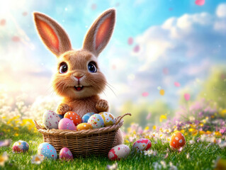 A cute bunny sitting next to a basket full of colorful Easter eggs on a green meadow.