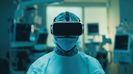 Surgeon using VR headset in operating room. Virtual reality in modern medicine. Technological advancement in healthcare.