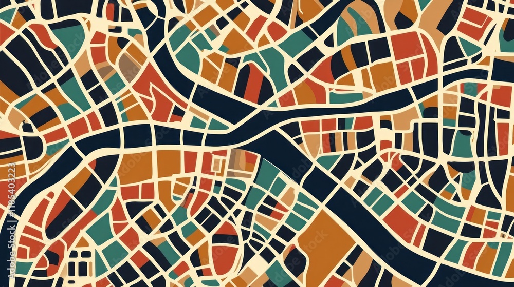 Poster abstract city map illustration with colorful blocks and lines.