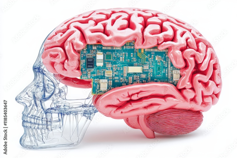 Poster transparent human brain model with embedded microchips, highlighting advancements in artificial inte