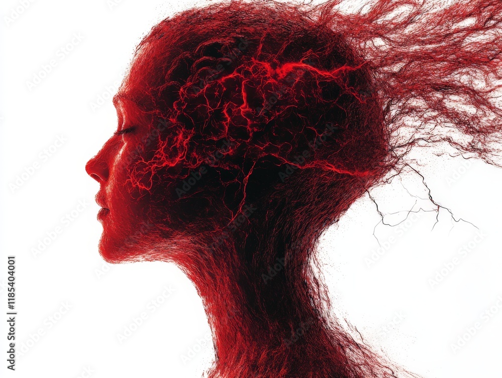 Aufkleber abstract red neural network branching out from a human head, symbolizing brain connectivity, biologi