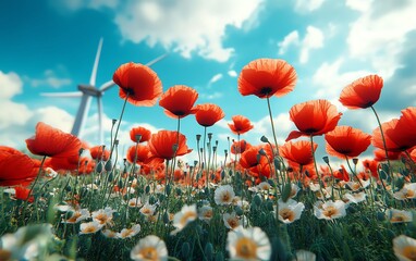 Obraz premium Wideangle view of wind turbines towering over a colorful poppy field, clean renewable energy supply concept, bright red flowers swaying in the wind, serene and natural harmony