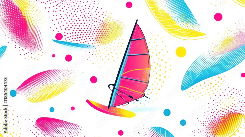 Poster abstract windsurfing design with vibrant colors and dynamic shapes.