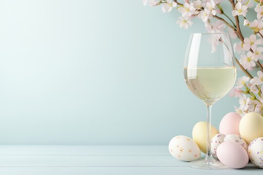 Elegant springtime arrangement with wine glass, cherry blossoms, and pastel easter eggs