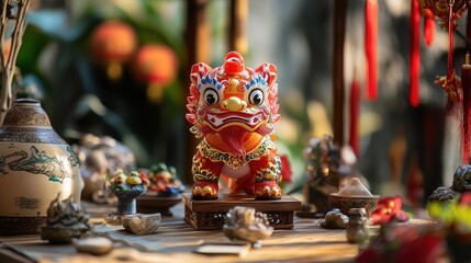 Chinese toy lion dance with bold red and gold colors, displayed on a table with traditional decorations