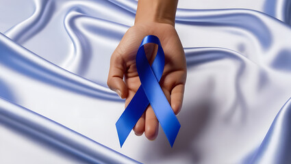 Doctor hand holding blue ribbon, cancer awareness concept