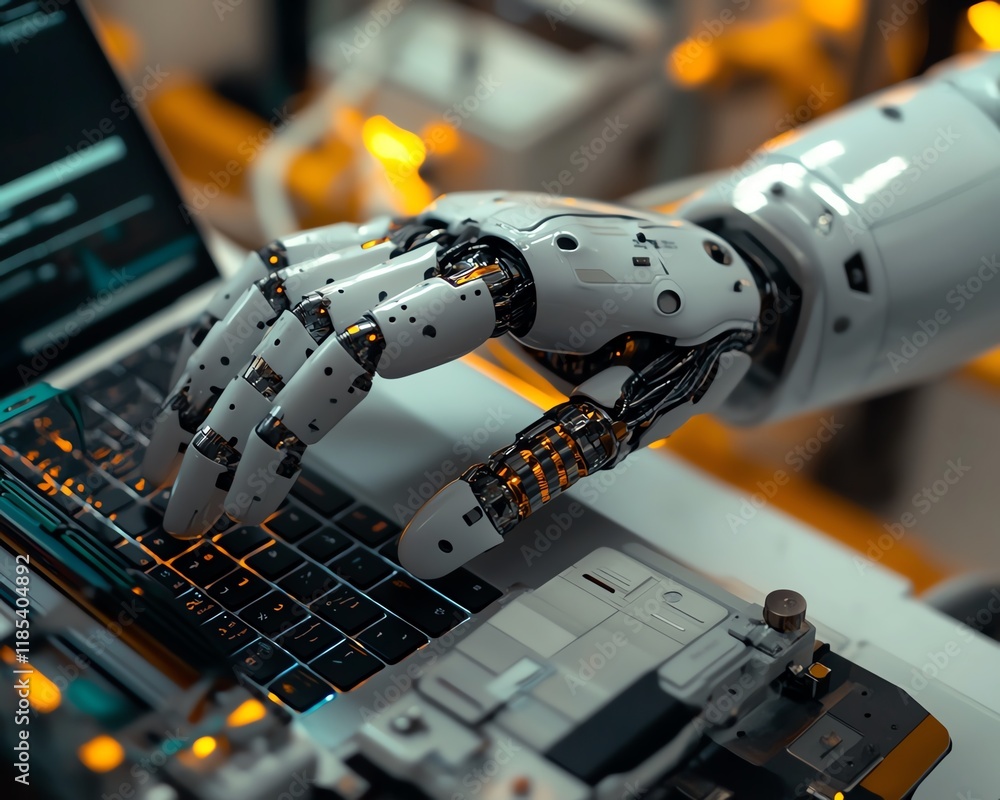 Poster a humanoid ai with advanced robotic hands typing on a laptop, futuristic artificial intelligence at 