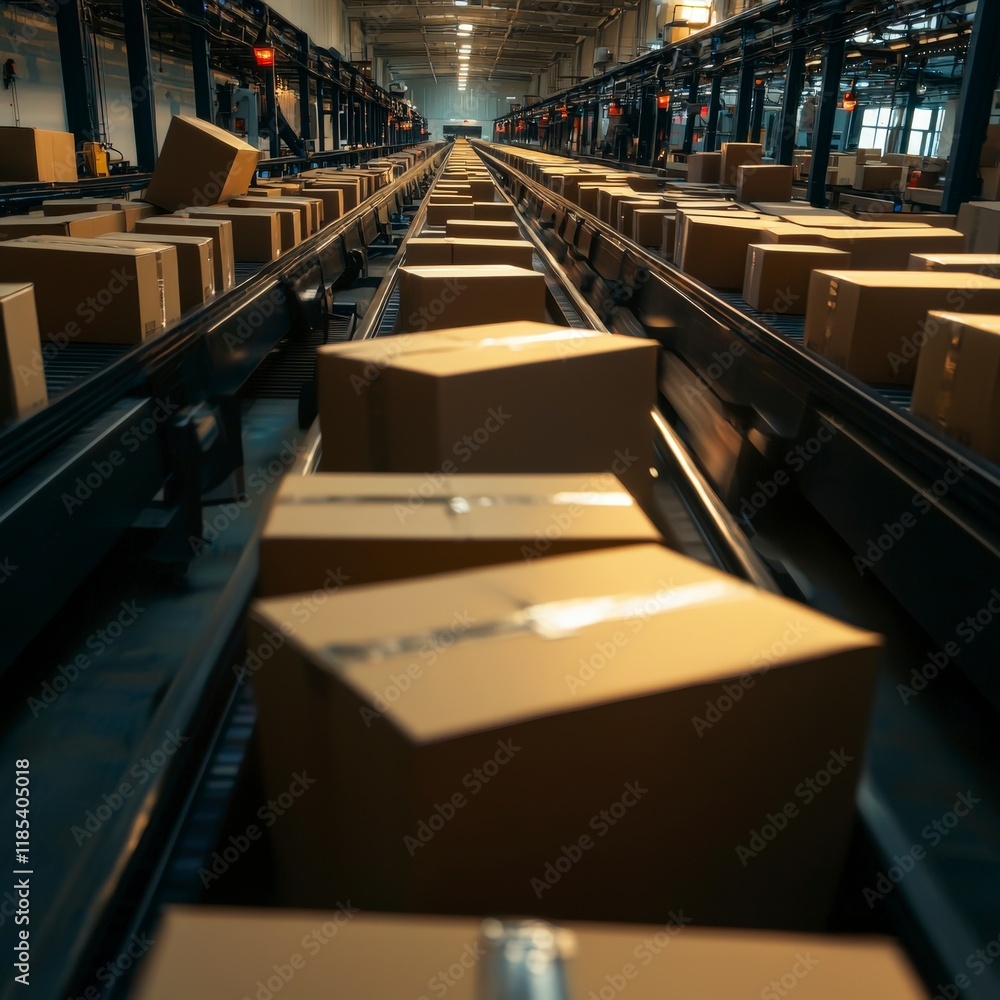 Poster automated package sorting system cardboard boxes on conveyor belt in warehouse