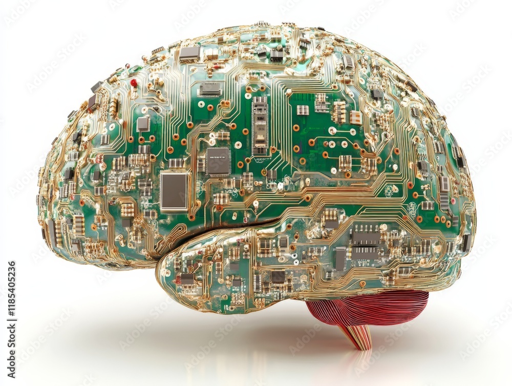 Poster digital brain with intricate circuit board details, representing the synergy between artificial inte