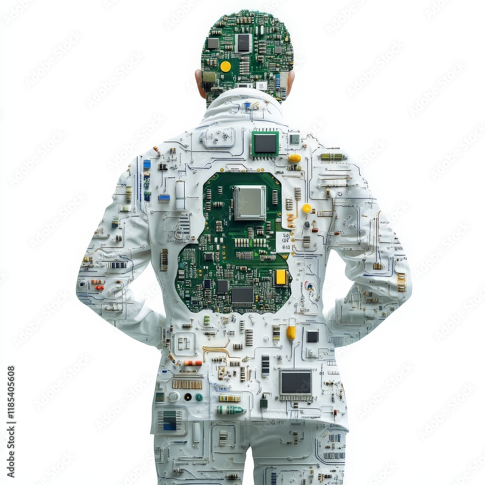 Poster Back view of a humanoid figure composed of computer components, symbolizing cybersecurity, data integration, and the evolving relationship between humans and technology