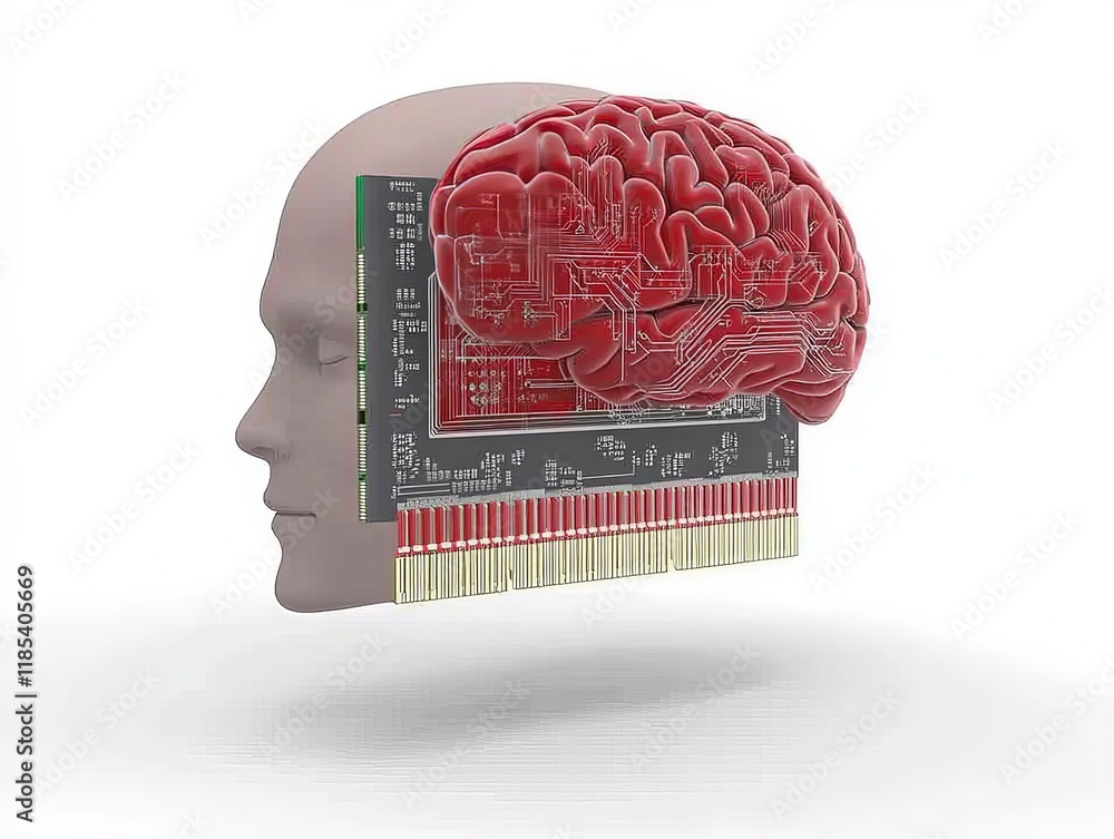 Poster conceptual illustration of a transparent human head revealing a digital brain with glowing circuits,