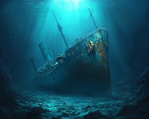 A sunken ocean liner, rusted and decaying, resting on the ocean floor, Titanic wreck scene, eerie underwater lighting, detailed illustration of submerged shipwreck