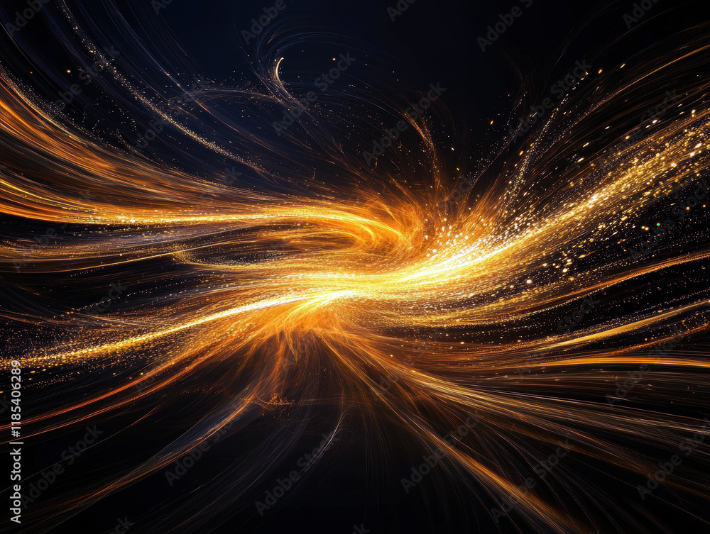 Poster this stunning abstract image showcases a dynamic flow of golden light, weaving through dark space, c