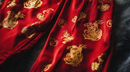 pair of Chinese New Year pants with minimalist golden zodiac symbols on rich red fabric for a modern look
