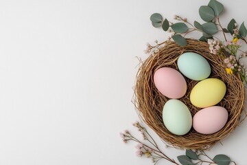 Pastel easter eggs in nest with eucalyptus and spring flowers on white background
