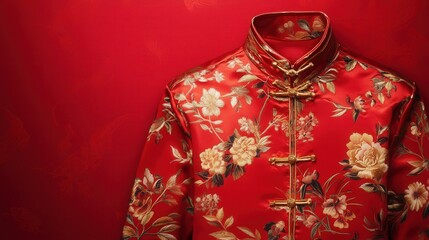 Naklejka premium red shirt for Chinese New Year with golden floral patterns and a mandarin collar for an elegant festive look