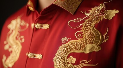 red silk Chinese New Year shirt with golden embroidery of dragons and clouds for a bold, festive appearance