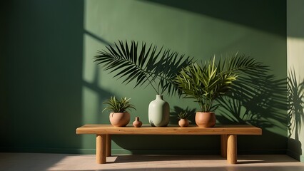Modern minimal empty matte green counter table top, bamboo palm tree in sunlight, leaf shadow on green wall background for luxury organic cosmetic, skin care, beauty treatment product display Generati