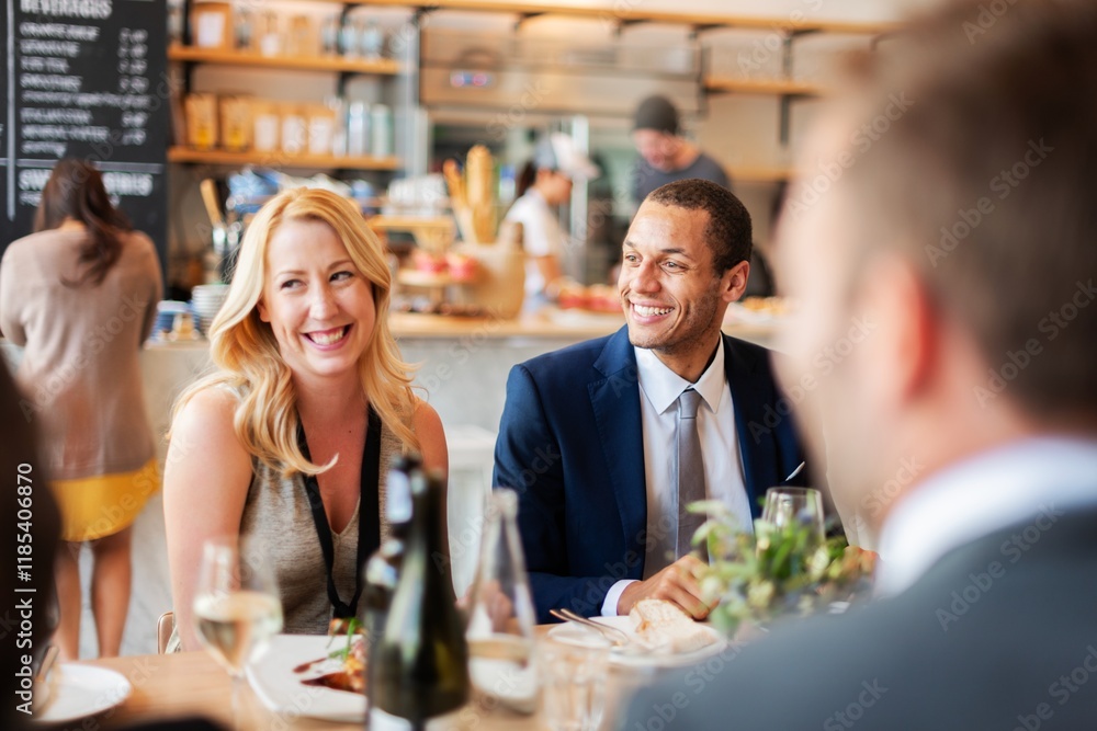 Poster group of people enjoying a meal at a restaurant, smiling and conversing. casual dining atmosphere wi