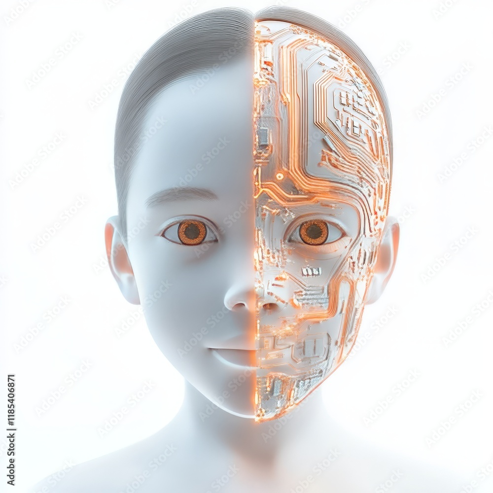 Poster futuristic cyborg child with a translucent head revealing intricate circuitry and artificial intelli