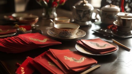 table decorated with red envelopes adorned with elegant dragon designs, alongside traditional festive snacks and tea.