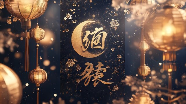 Chinese New Year 2025 invitation sign with elegant gold calligraphy, surrounded by lanterns and a full moon motif.