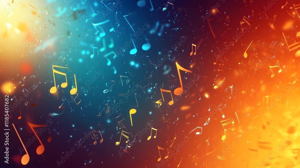 Poster musical notes falling dynamically across a vibrant background