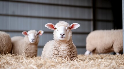Fototapeta premium Fluffy Sheep in Barn Farm Animals Livestock Wool Agriculture