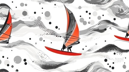Abstract windsurfing seamless pattern with red sailboats on wavy sea.